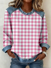 Damen-Patchwork-Sweatshirt mit einfachem kariertem Muster