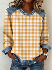 Damen-Patchwork-Sweatshirt mit einfachem kariertem Muster