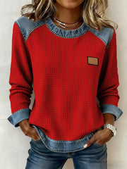 Damenmode Patchwork Design Waffel Sweatshirt