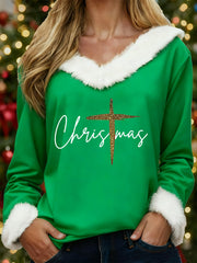Damen Frohe Weihnachten Kreuz druck Lässiges Pelz kragen Top