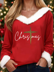 Damen Frohe Weihnachten Kreuz druck Lässiges Pelz kragen Top
