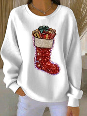 Damen Weihnachts strümpfe Druck Geripptes Rundhals-Sweatshirt