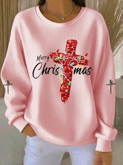 Damen Frohe Weihnachten Kreuz gerippt Rundhals-Sweatshirt