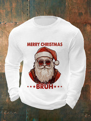 Herren Lustige Frohe Weihnachten Bruh Weihnachtsmann-Druck Lässiges Waffel-Langarm-Top