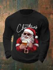 Herren Frohe Weihnachten Santa Claus Print Lässiges Waffel-Langarm-Top