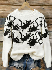 Damen Katzen muster bedruckter Rundhals pullover