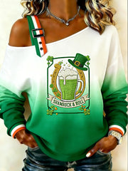Women's SHAMROCK & ROLL Vintage Cat Patchwork Print Casual Off-Shoulder Sweatshirt