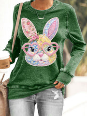Damen-Blumen-Häschen-Patchwork-Print-Sweatshirt