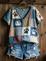 Damen Lovely Cat Patchwork Art V-Ausschnitt Top