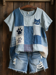 Frauen reizendes Katzen muster Patchwork Kunst Leinen hemd