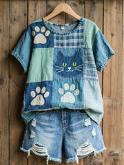 Damen schickes Patchwork-Art-Top mit Katzenmuster