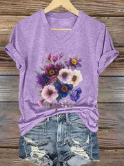 Damen-T-Shirt mit Blumenmuster und kurzen Ärmeln
