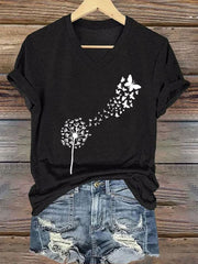 Damen-T-Shirt mit Pusteblume und Schmetterlingen, Kurzarm