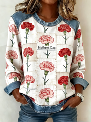 Frauen Muttertag Nelke Blumen druck Denim Patchwork Top