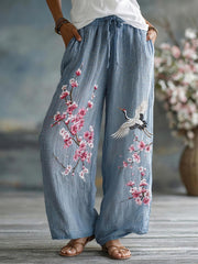 Damenhose aus Leinenmischgewebe mit floraler Stickerei