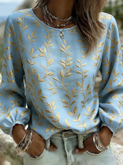 Damen-Oberteil aus Baumwolle und Leinen mit Pflanzen- und Blumenmuster