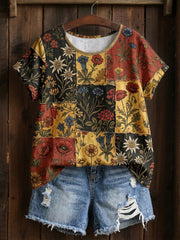 Damen-Floral-Leinen-T-Shirt mit kurzen Ärmeln