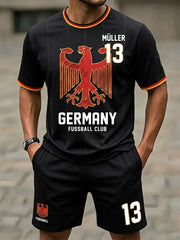 Herren-Set bestehend aus bedrucktem T-Shirt und Shorts für deutsche Fußballfans