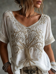 Damen-Vintage-T-Shirt mit Wikinger-Lebensbaum, Rosen und keltischem Muster aus Leinen, kurzärmelig