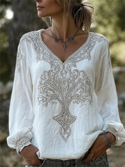 Damen-elegantes Vintage-Viking-Blusenshirt aus Baumwolle-Leinen mit Lebensbaum‑ und keltischem Muster