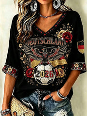 Damen-T-Shirt mit V-Ausschnitt und Fußballfan-Print von Deutschland