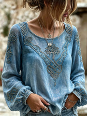 Damen-elegantes Wikinger-Lebensbaum-Keltisches-Knoten-Muster-Glitzerdruck-Hemd aus Baumwolle-Leinen