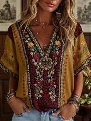 Damen Boho Deutsches Blumen druck Mittellänge Ärmel V-Ausschnitt T-Shirt