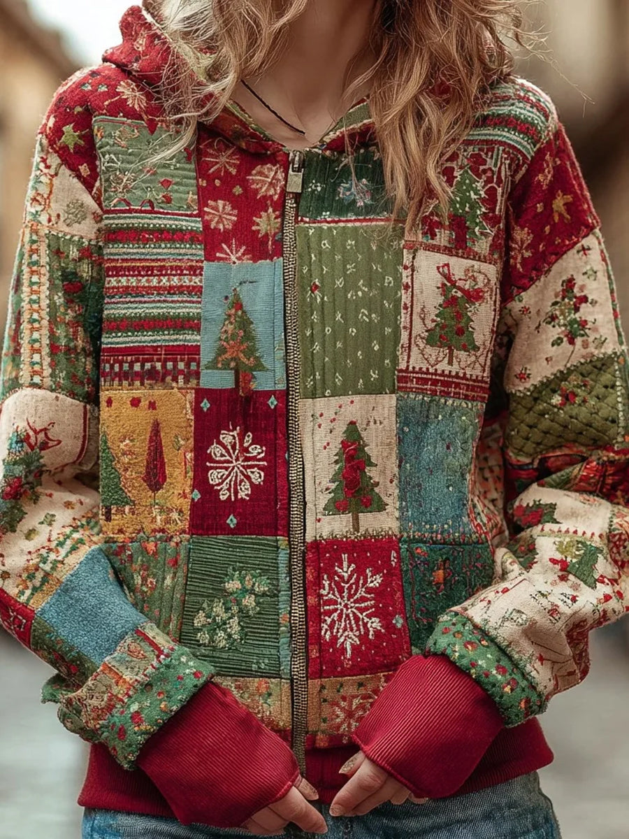 Damen-Weihnachts-Patchwork-Casual-Hoodie mit Reiß verschluss