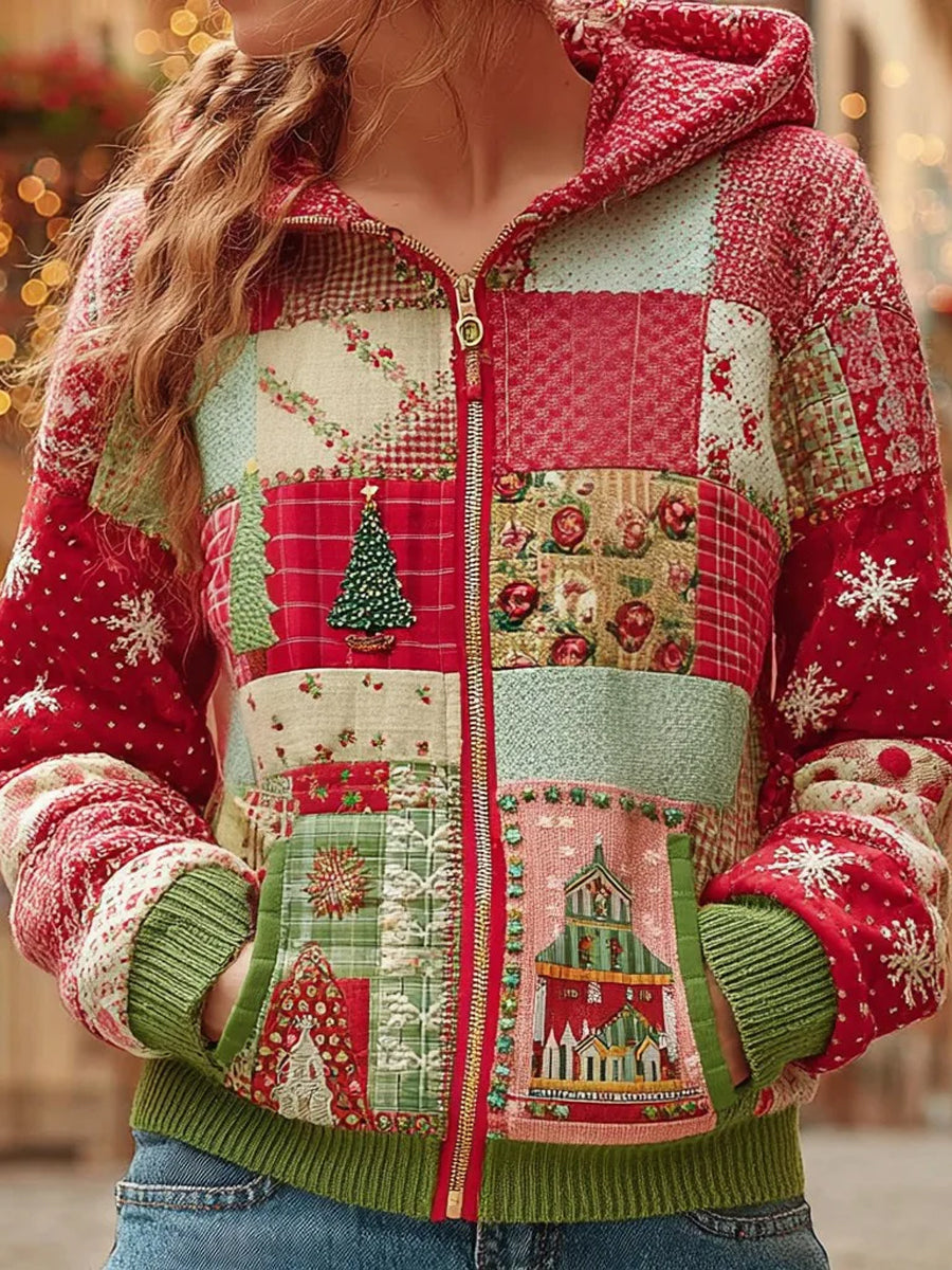 Damen-Weihnachts-Patchwork-Casual-Hoodie mit Reiß verschluss