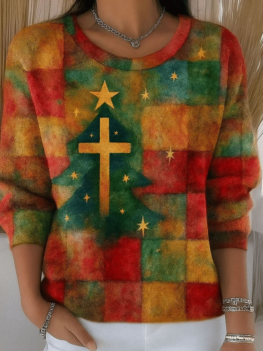 Damen-Retro-Weihnachtsbaum-Glaubens druck Langarm-Shirt