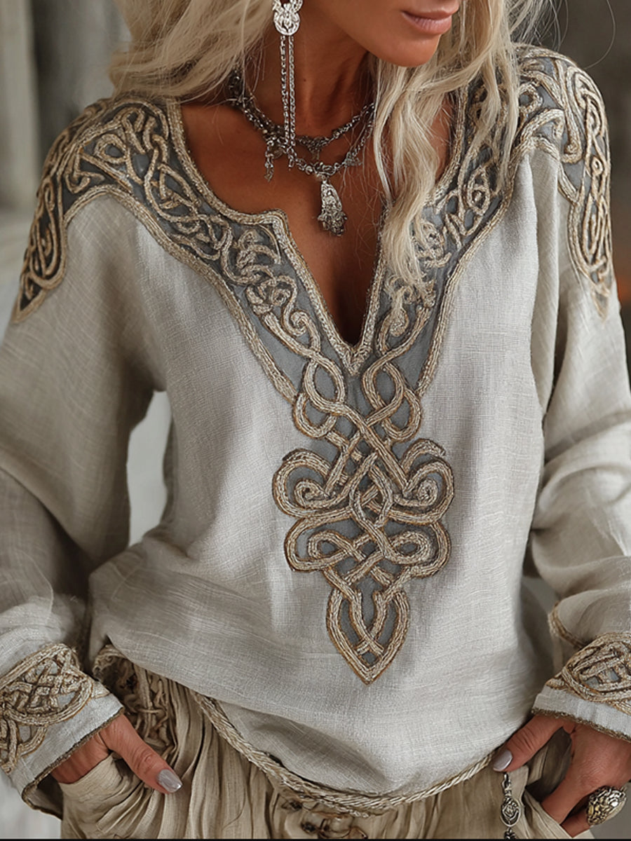 Damen Vintage Viking Keltischer Knoten Bestickte Kunst Gemütliches Leinen hemd