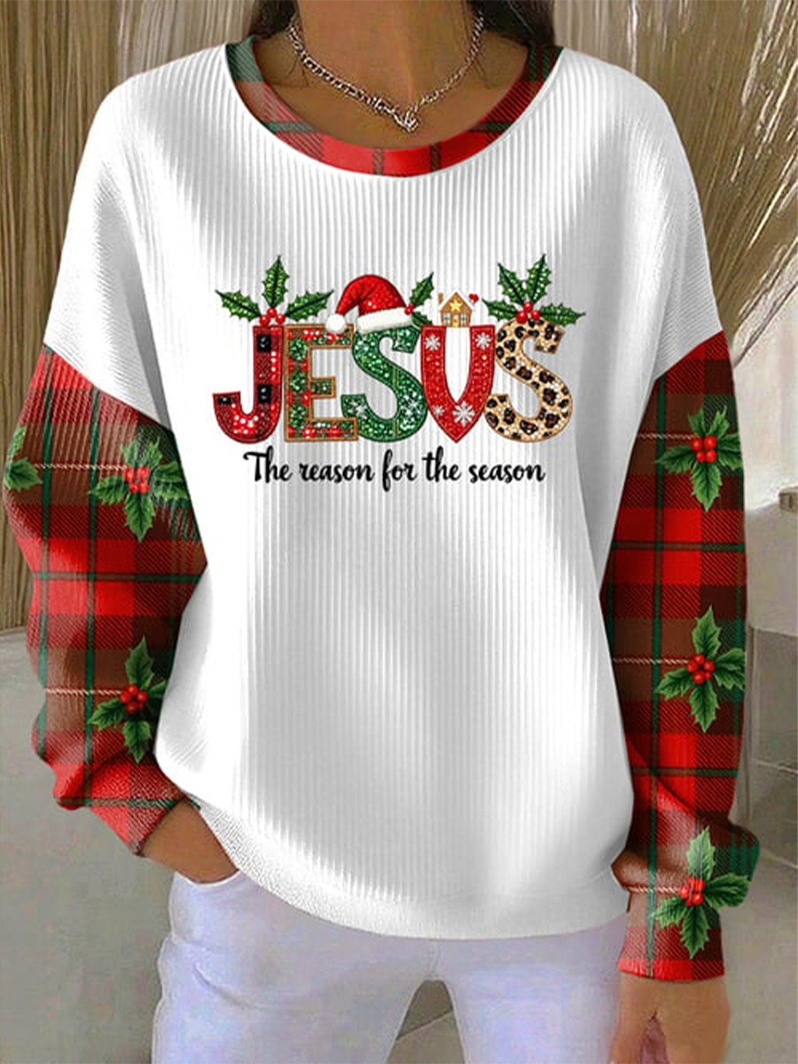 Damen weihnachten kombiniert mit Glaubens druck Geripptes Rundhals-Sweatshirt