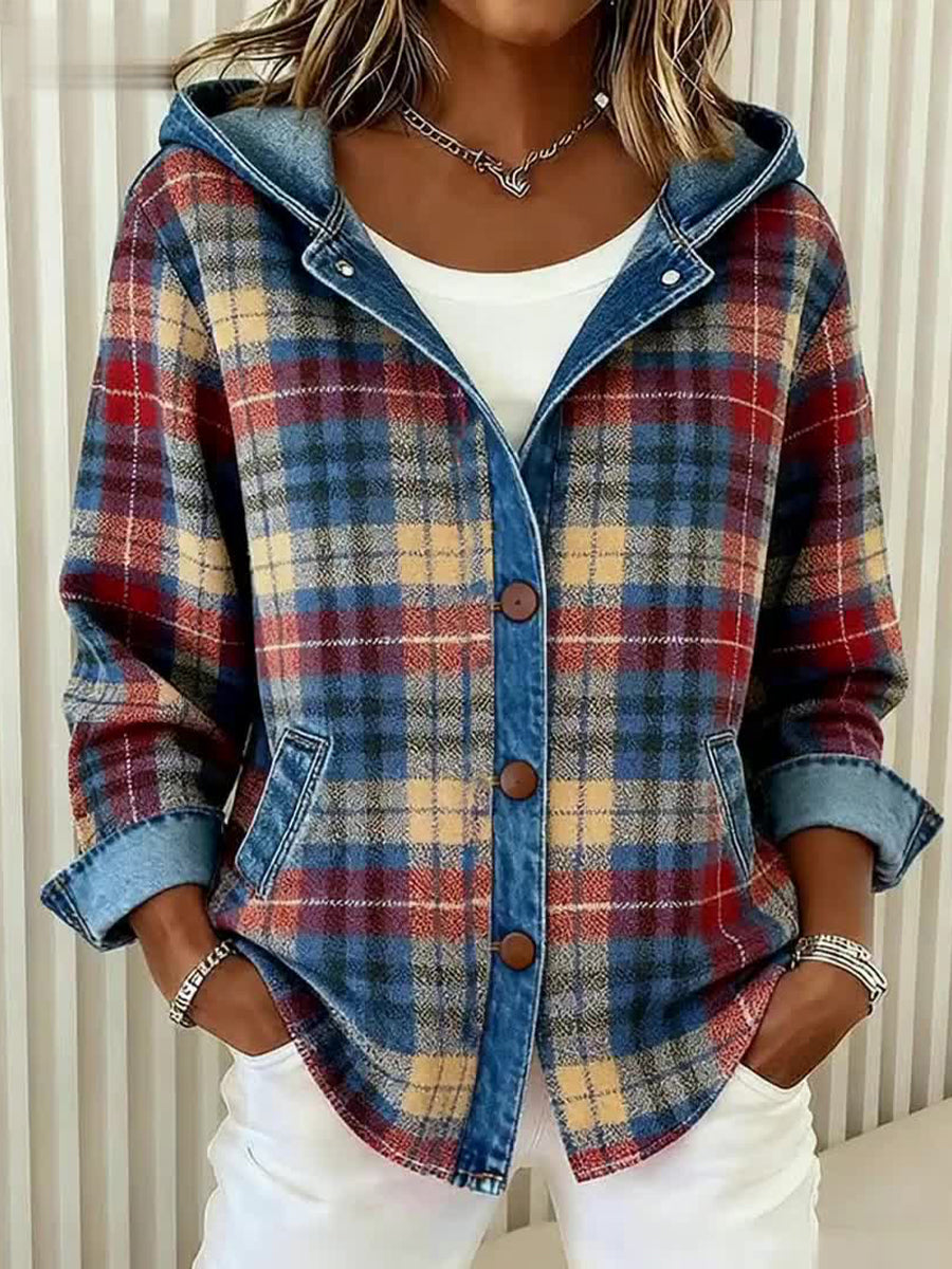 Damen Vintage Kariertes Muster Patchwork-Kunst Kapuzen strickjacke