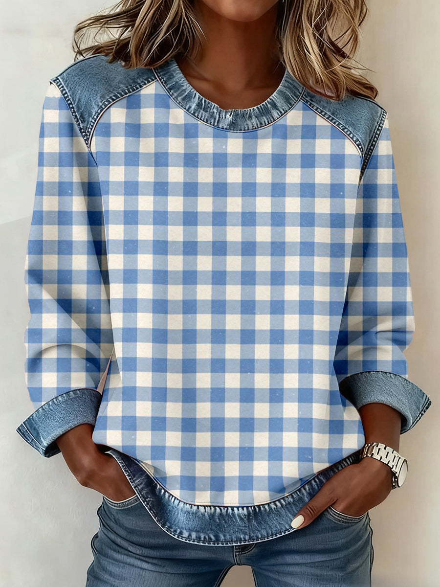 Damen-Patchwork-Sweatshirt mit einfachem kariertem Muster