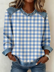 Damen-Patchwork-Sweatshirt mit einfachem kariertem Muster