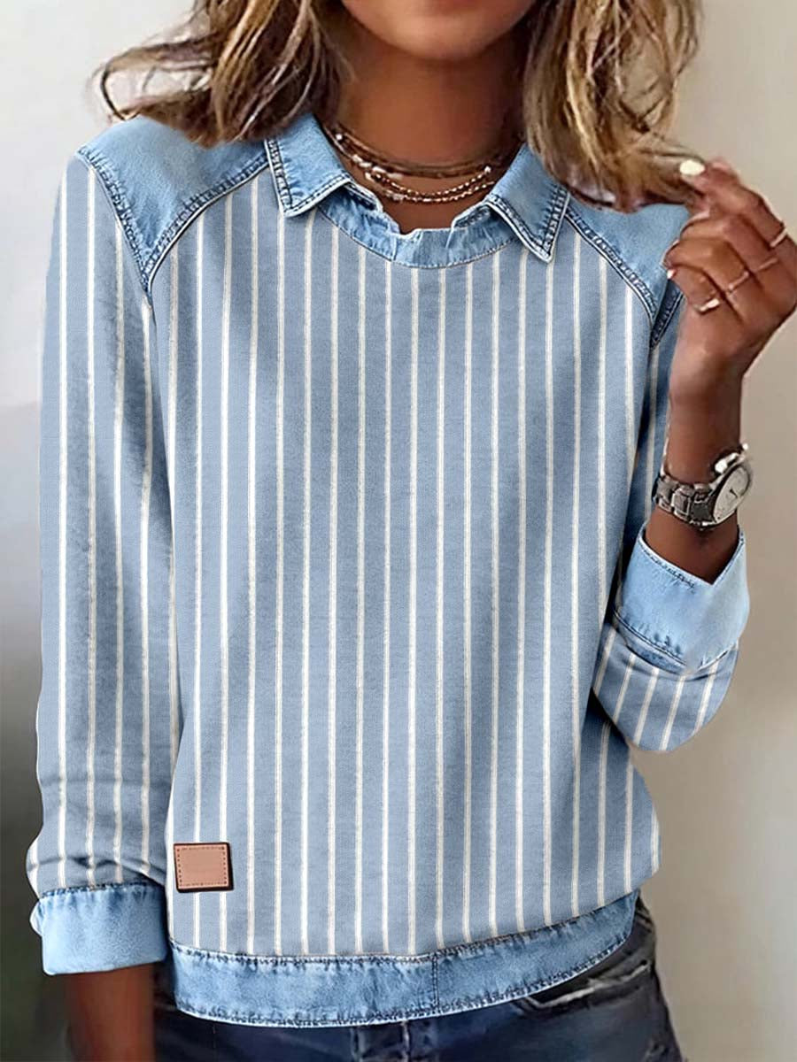 Frauen gestreiftes Muster Patchwork Kunst Sweatshirt