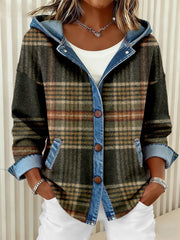 Damen Vintage Kariertes Muster Patchwork-Kunst Kapuzen strickjacke
