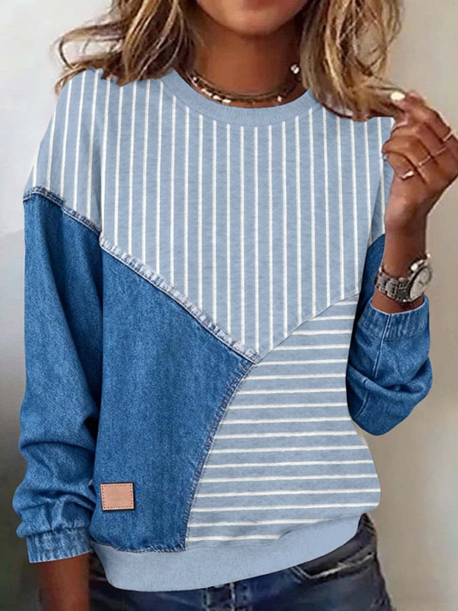 Frauen gestreiftes Muster Patchwork Kunst Sweatshirt