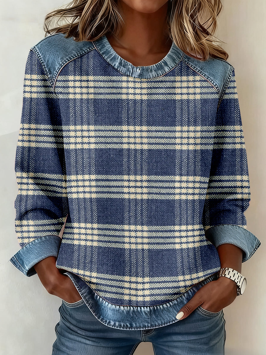 Damen Vintage Kariertes Muster Denim Patchwork Sweatshirt