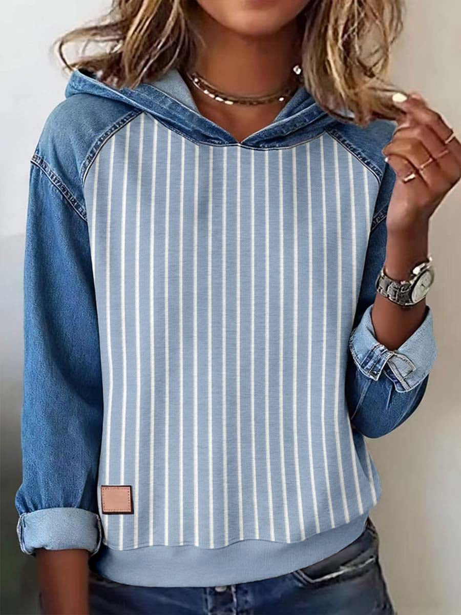 Frauen Gestreiftes Muster Patchwork Kunst Hoodie