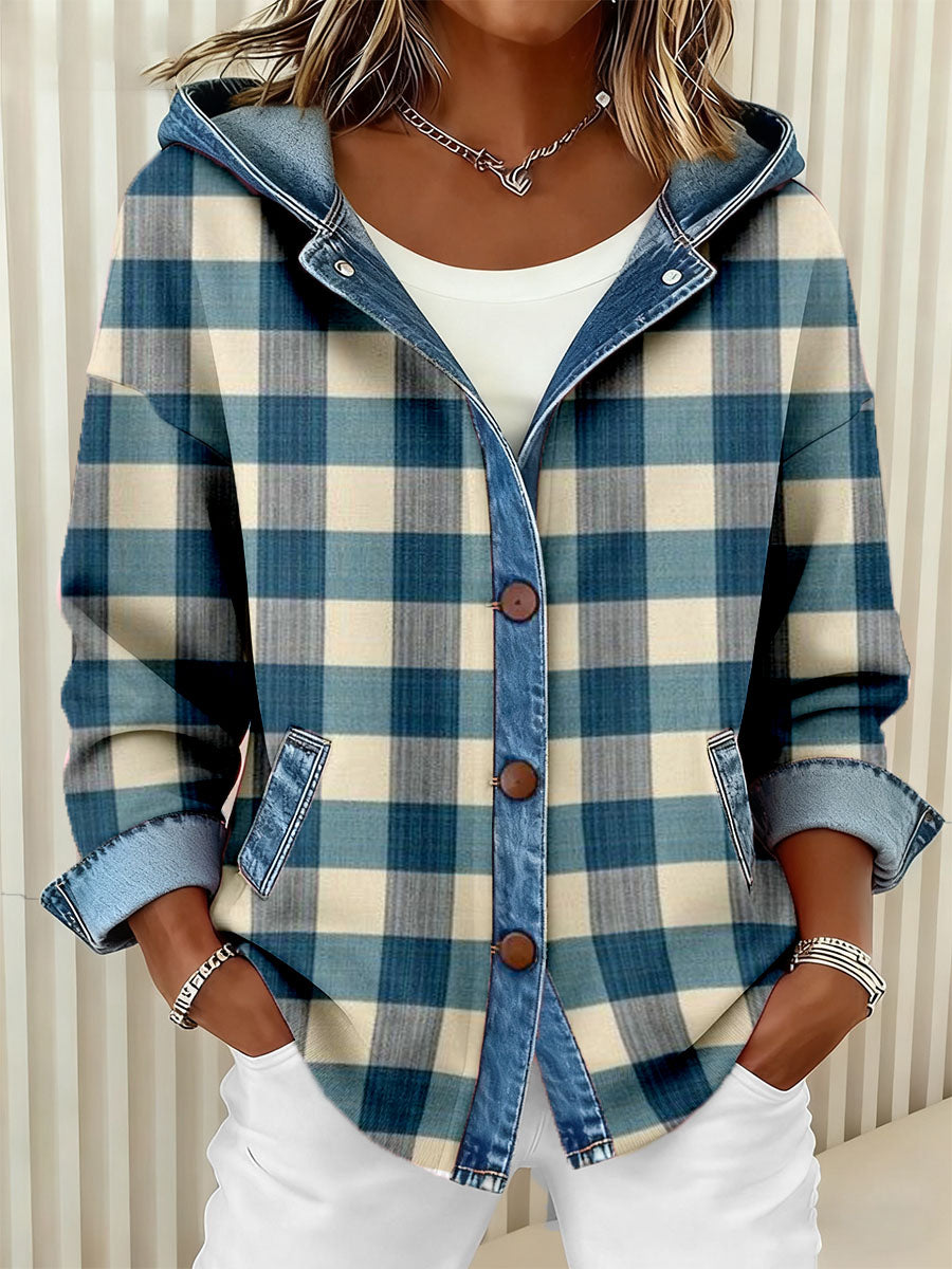 Damen-Patchwork-Kunst mit Kapuzen-Strickjacke mit blauem Karo muster