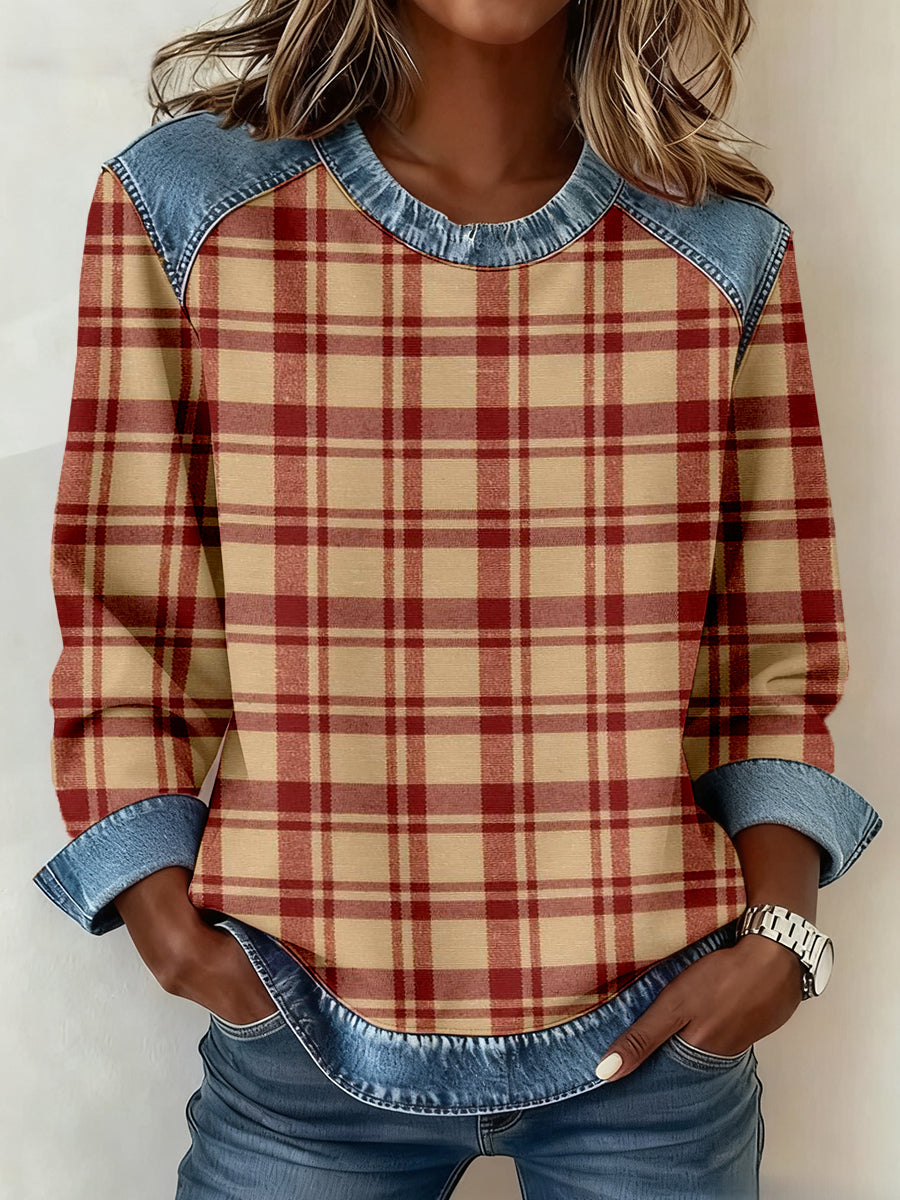 Damen Vintage Kariertes Muster Denim Patchwork Sweatshirt