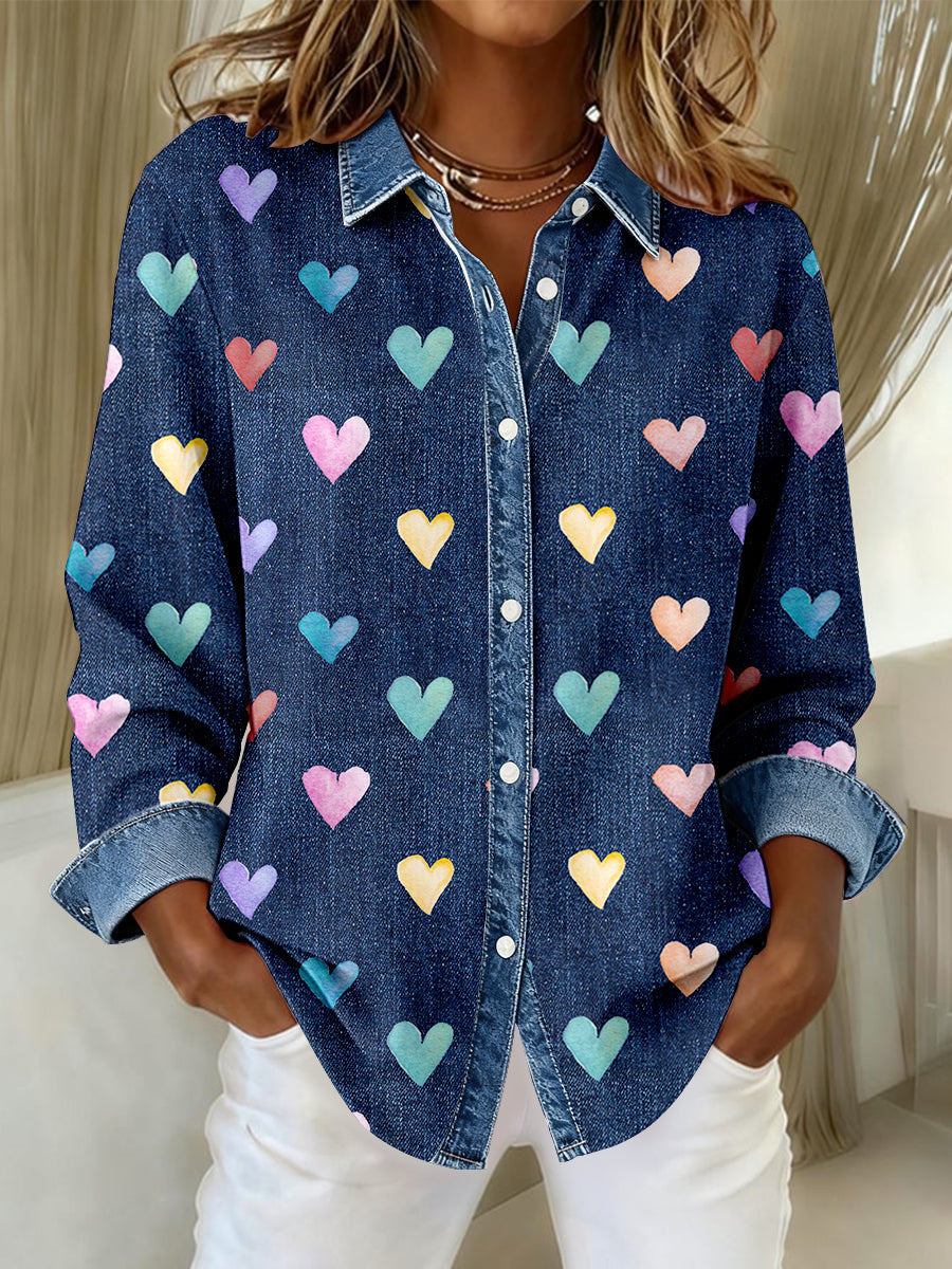 Frauen Herz Muster Patchwork Kunst Shirt