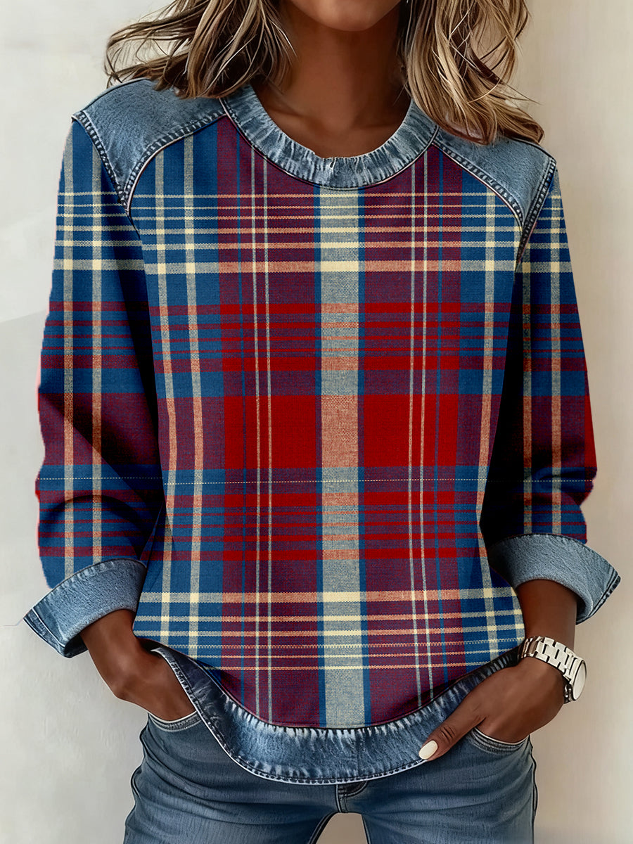 Patchwork-Kunst-Sweatshirt mit kariertem Muster für Damen