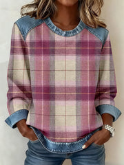 Damen Vintage Kariertes Muster Denim Patchwork Sweatshirt