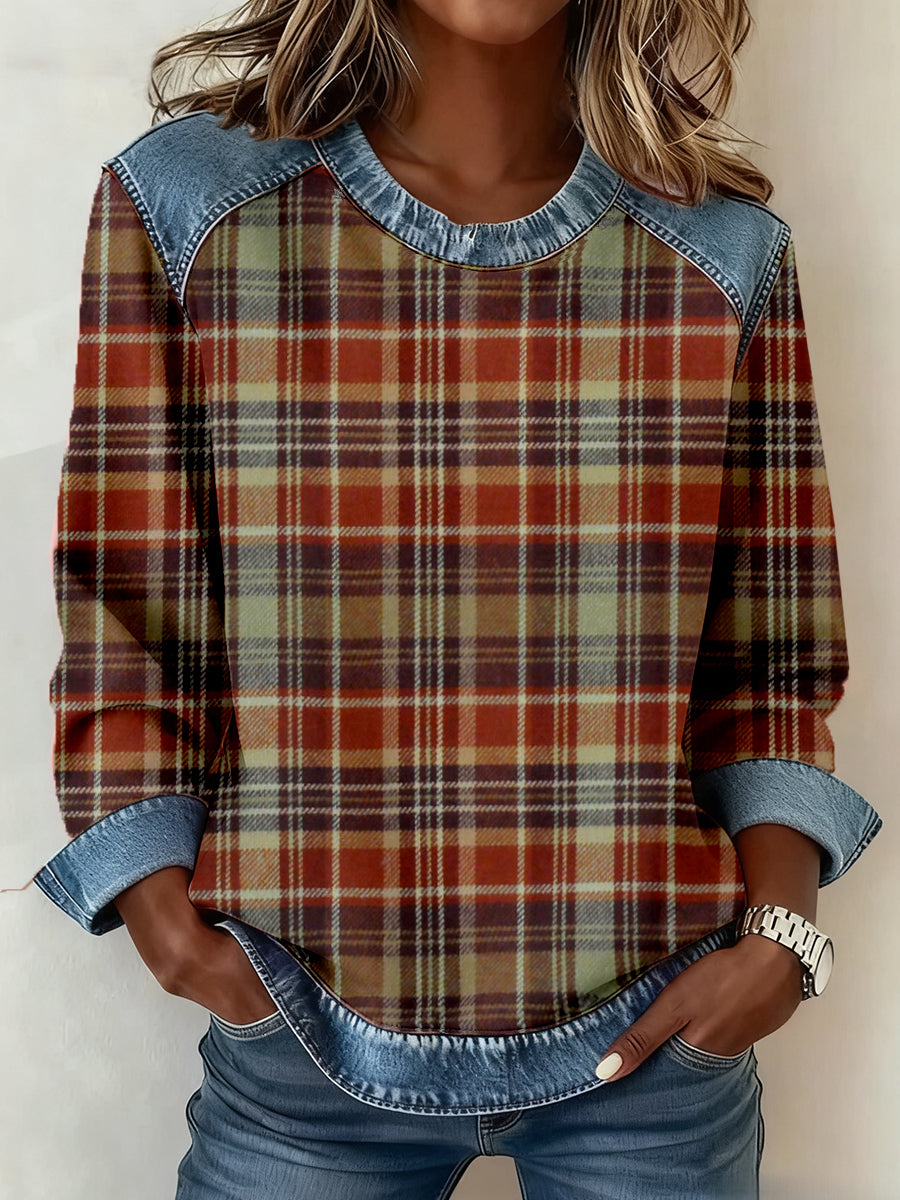Patchwork-Kunst-Sweatshirt mit kariertem Muster für Damen