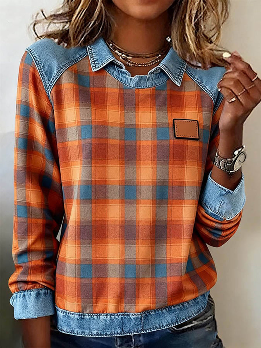 Patchwork-Kunst-Sweatshirt mit Karo muster für Damen