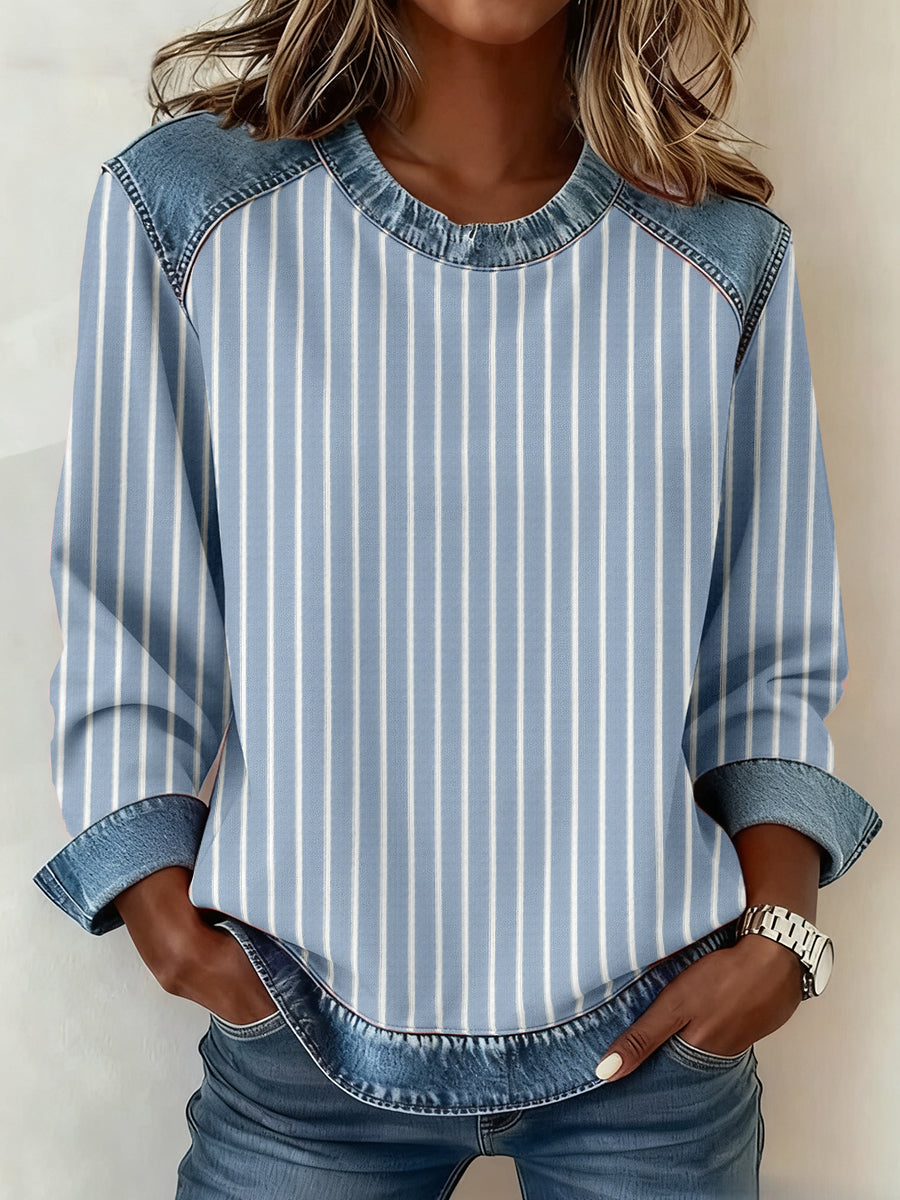 Frauen gestreiftes Muster Patchwork Kunst Sweatshirt