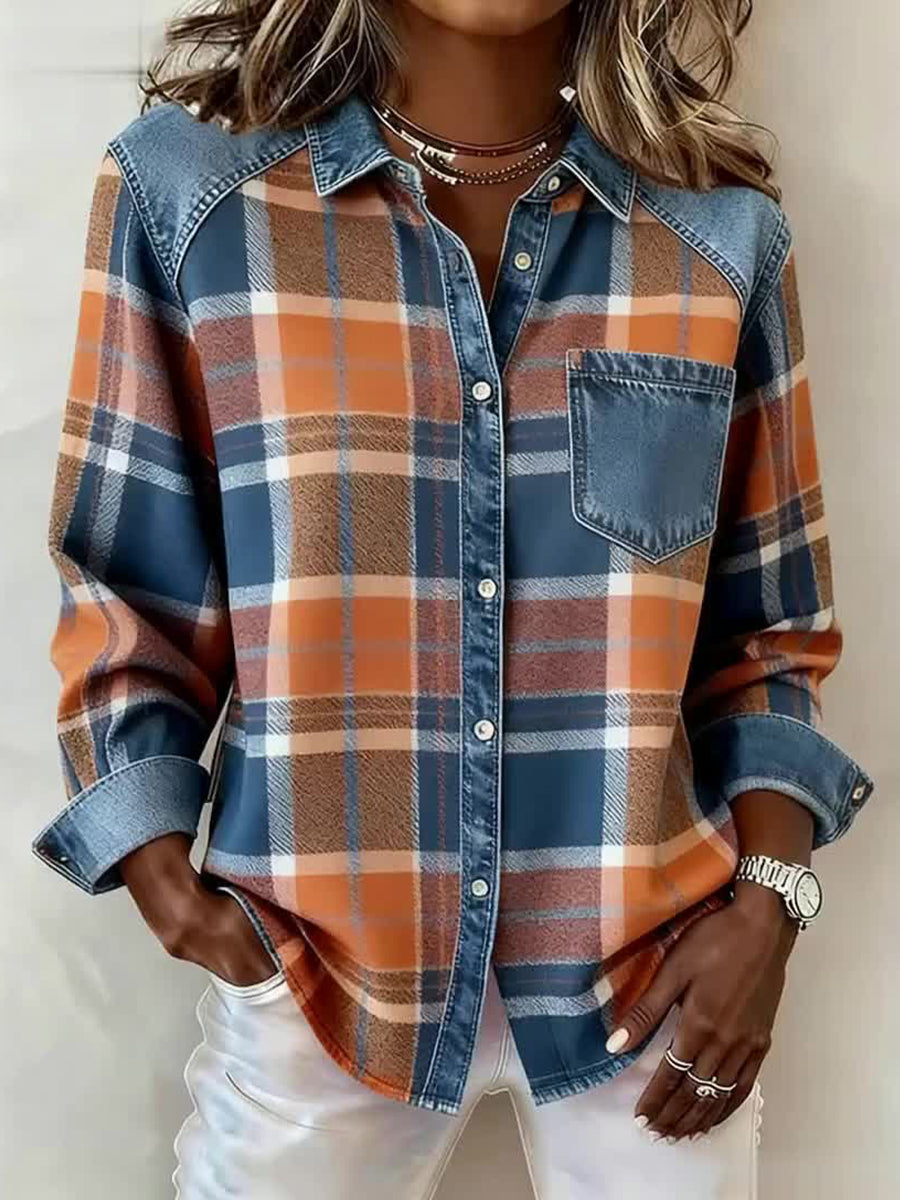 Frauen Vintage Kariertes Patchwork-Shirt