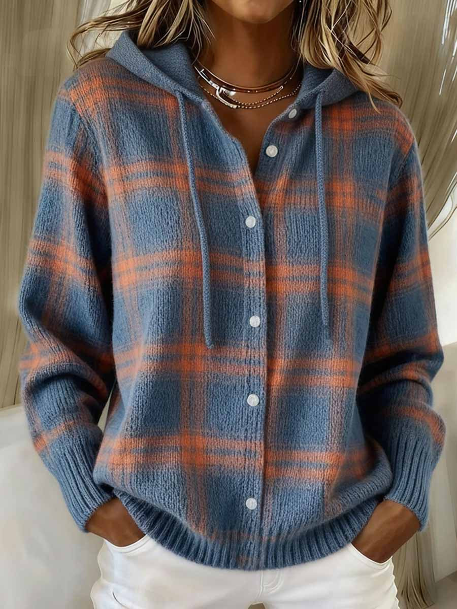 Damen Vintage Kariertes Muster Gemütliche Strick-Hoodie-Strickjacke